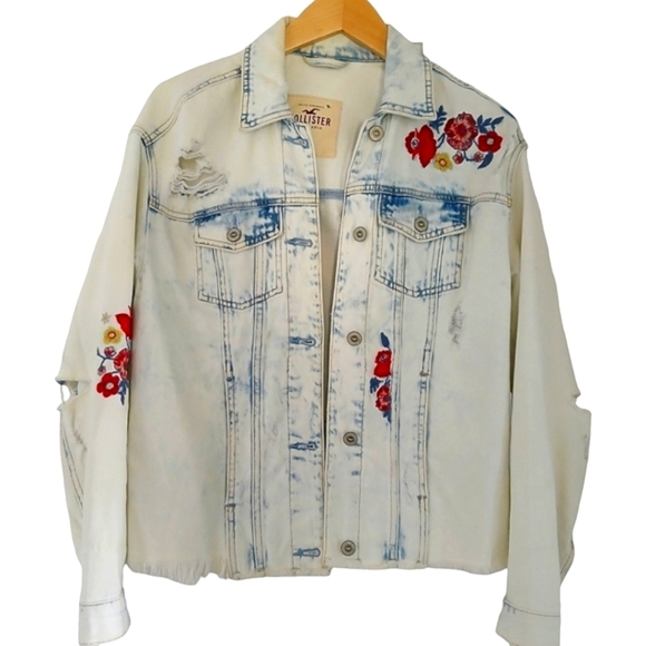Hollister Jacket Top Destroyed Floral Embroidered Jean Pockets Shacket - Picture 1 of 12